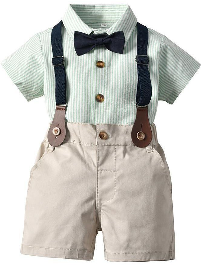 Mint Pinstripe Bow-Tie Suspender Shorts Set showcase
