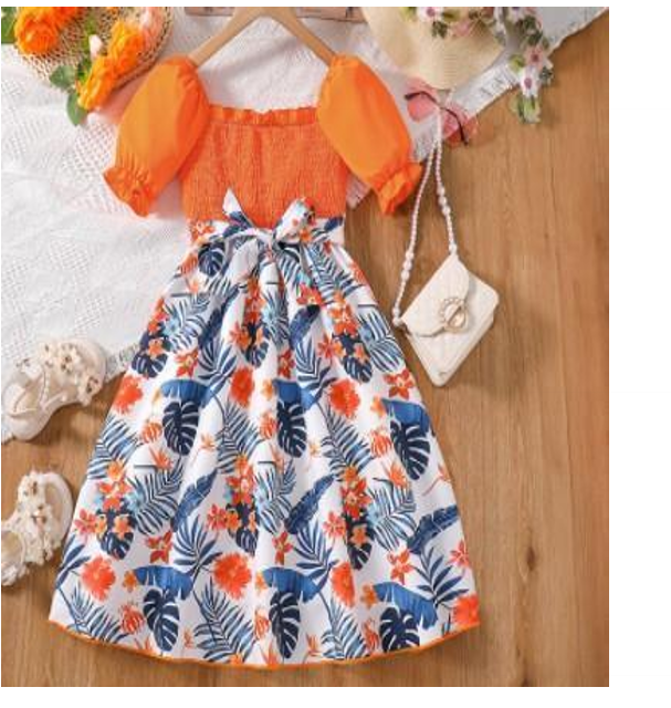 Orange Floral Shoulder-Tie Children Dress view 2