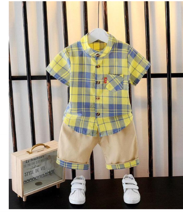 Yellow Plaid Shirt and Shorts Children Set view 2