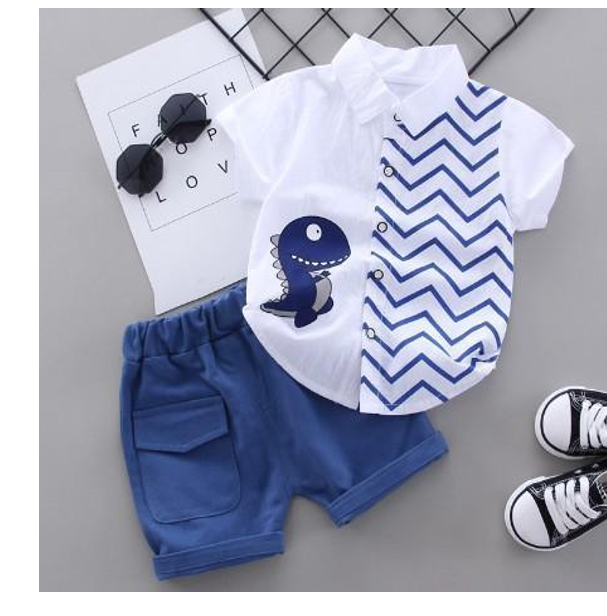 White Chevron Tee and Blue Shorts Set view 2