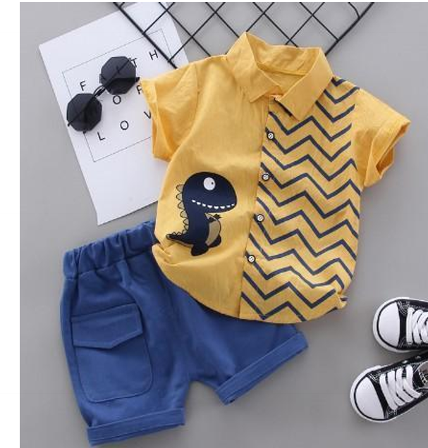 Yellow Chevron Tee and Blue Shorts Set view 2