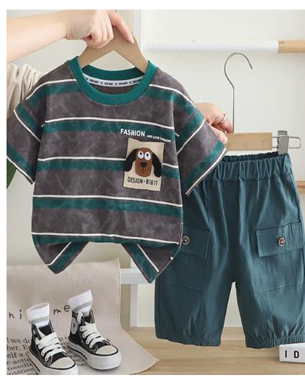 Green Stripe Top and Teal Shorts Set view 2