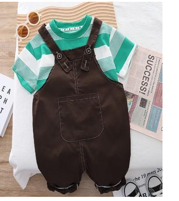 Green Stripe Tee and Brown Dungaree Set JSK-CC-017 photo 2