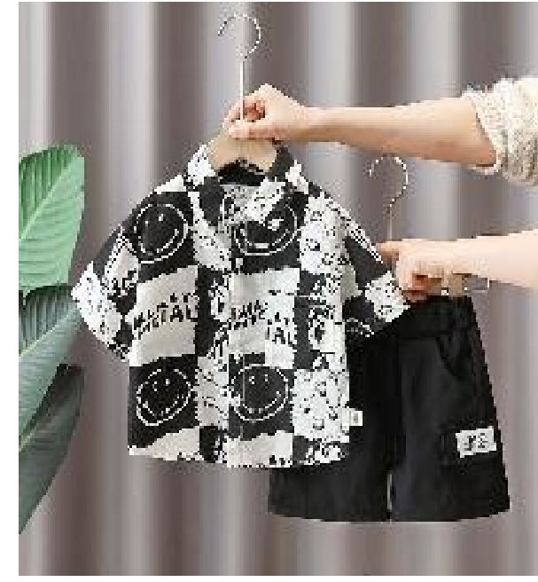 Black-and-White Smiley Print Shirt and Shorts Children Set JSK-CC-024 photo 2