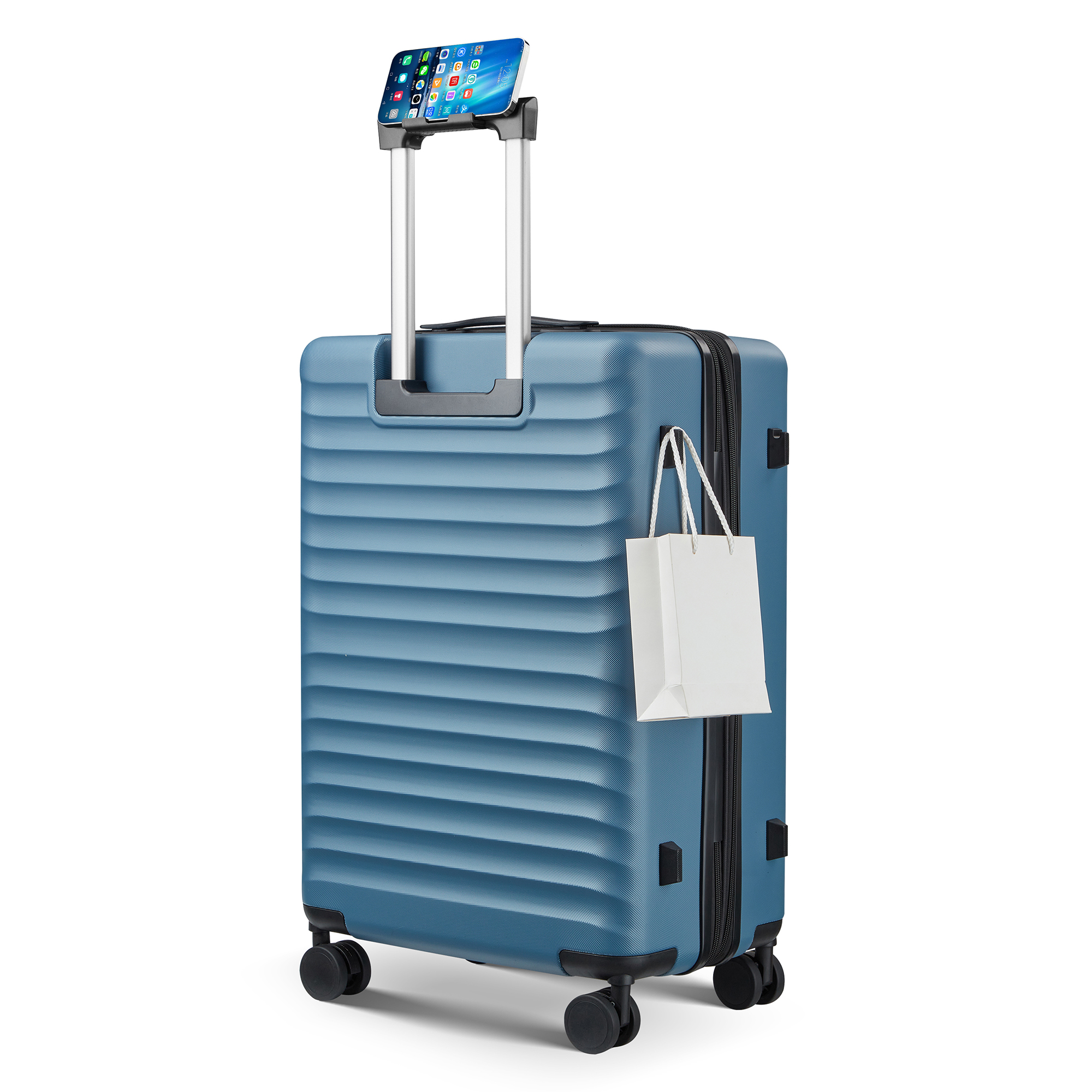 Wave-Ribbed Hard-Shell Spinner Luggage Set with Phone Stand view 19