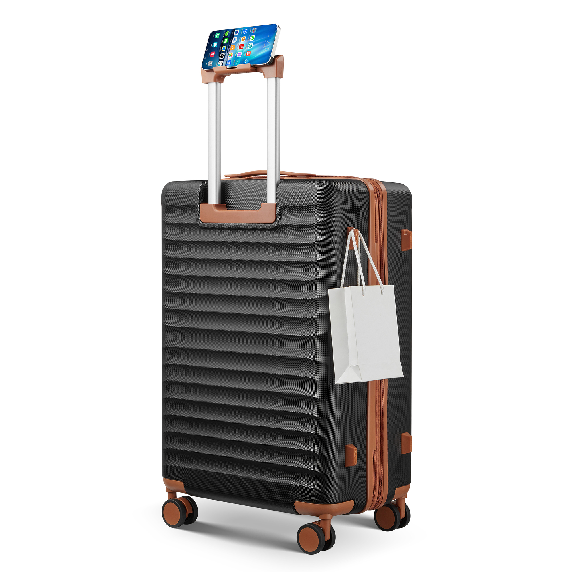 Wave-Ribbed Hard-Shell Spinner Luggage Set with Phone Stand view 21