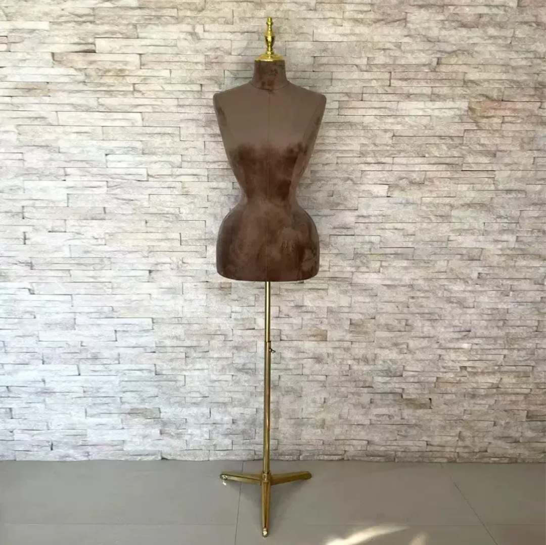 D25 Fabric-Covered Female Torso Dress Form with Adjustable Gold Stand