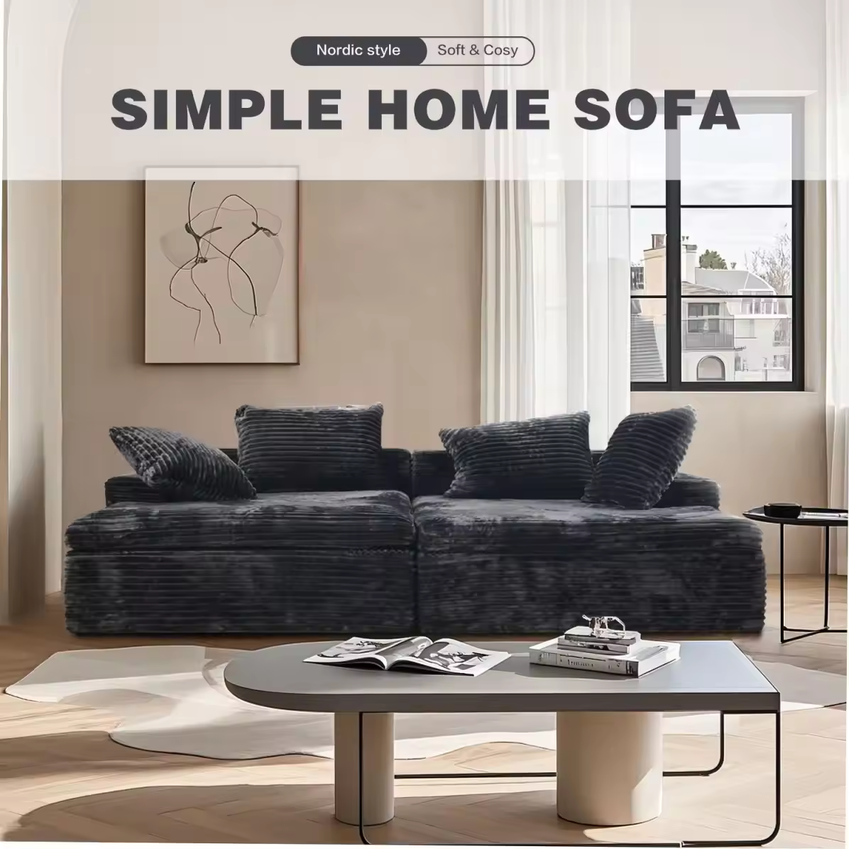 Big black faux-rabbit-fur compressible sofa product image