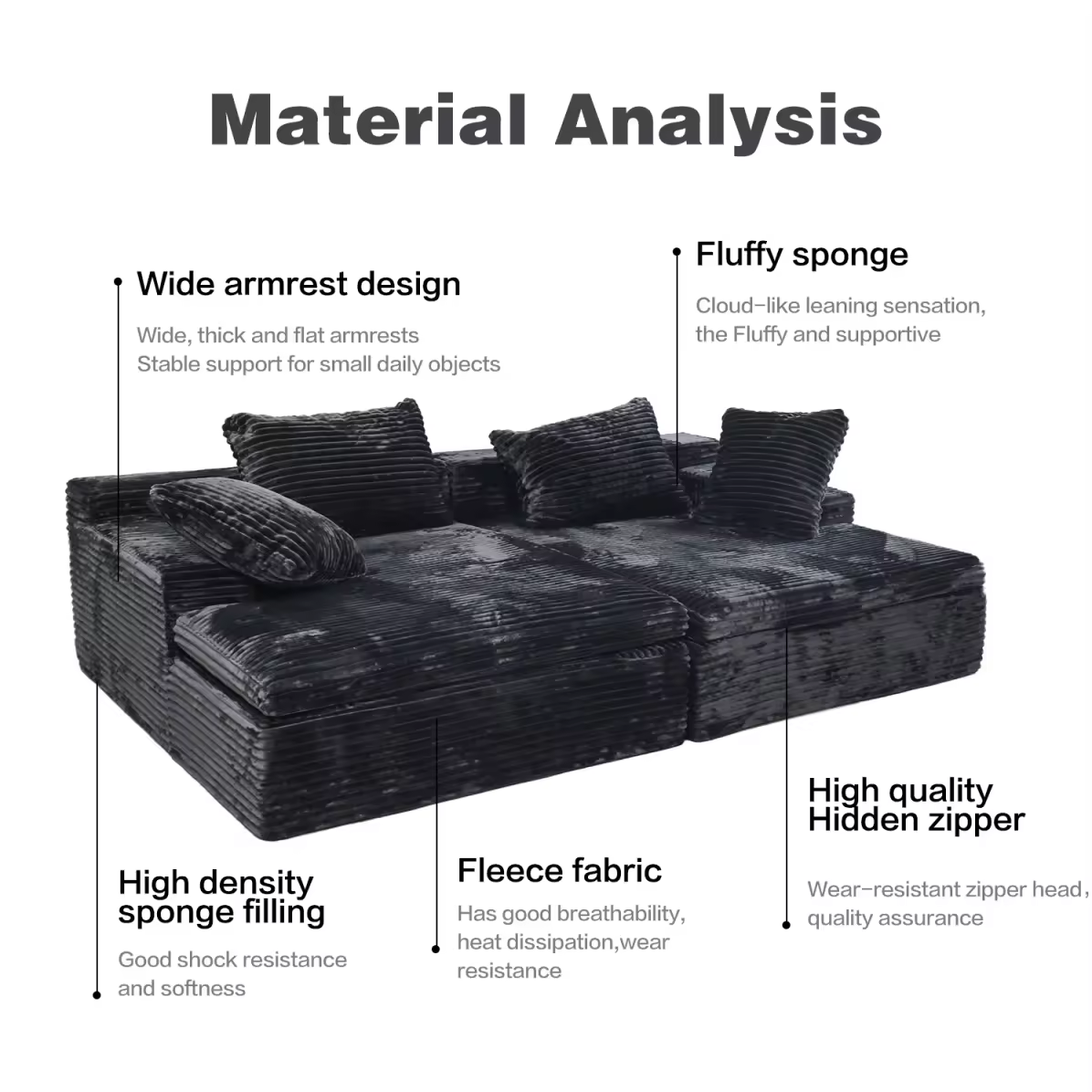 Big black faux-rabbit-fur compressible sofa product image