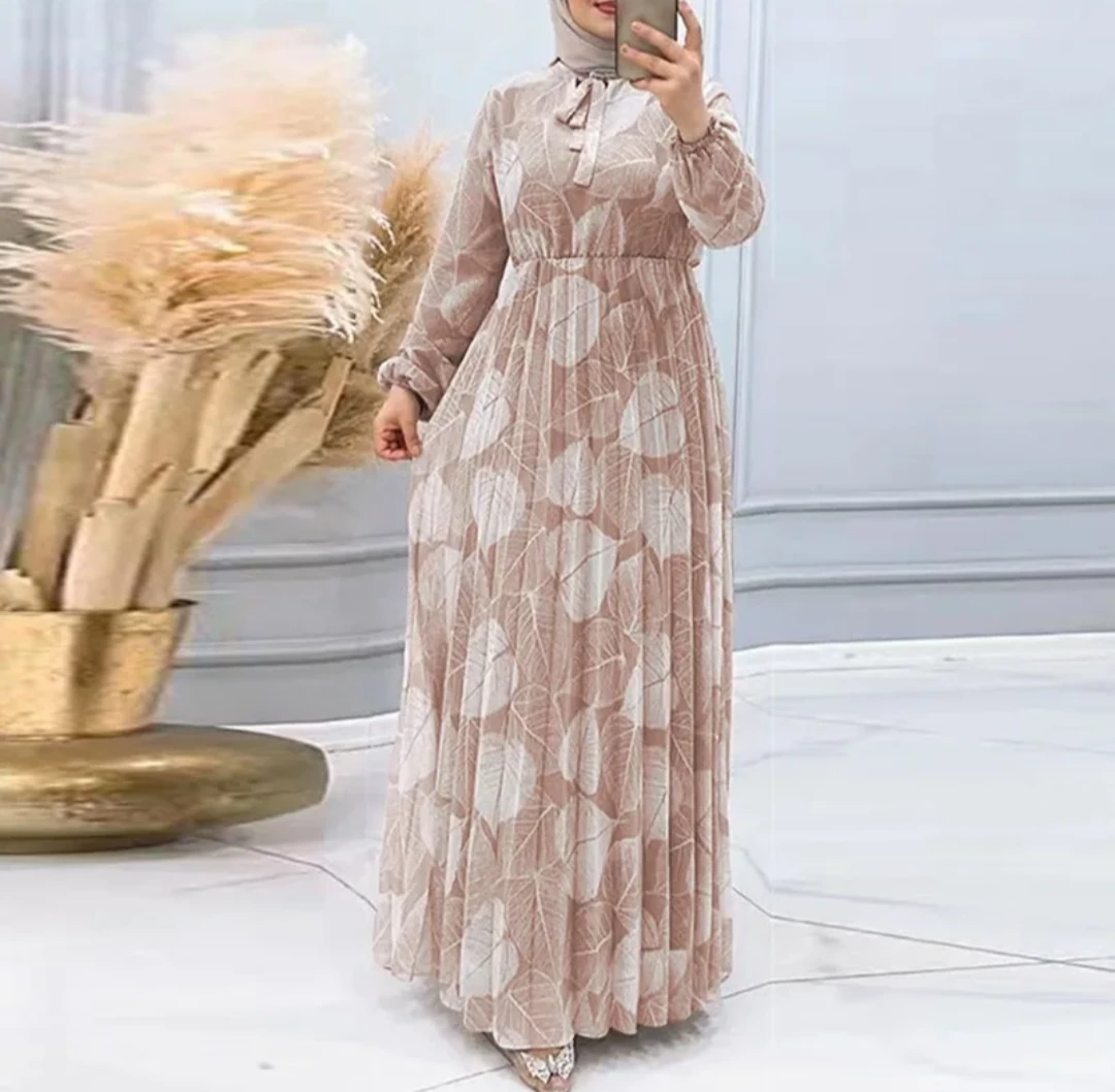 Leaf Print Pleated Maxi Dress JSK-AB-2 photo 2