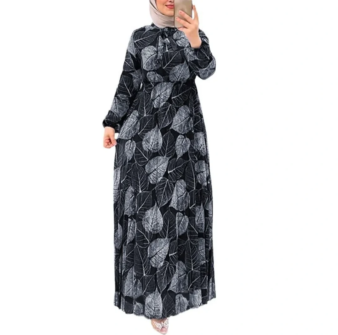 Leaf Print Pleated Maxi Dress view 3
