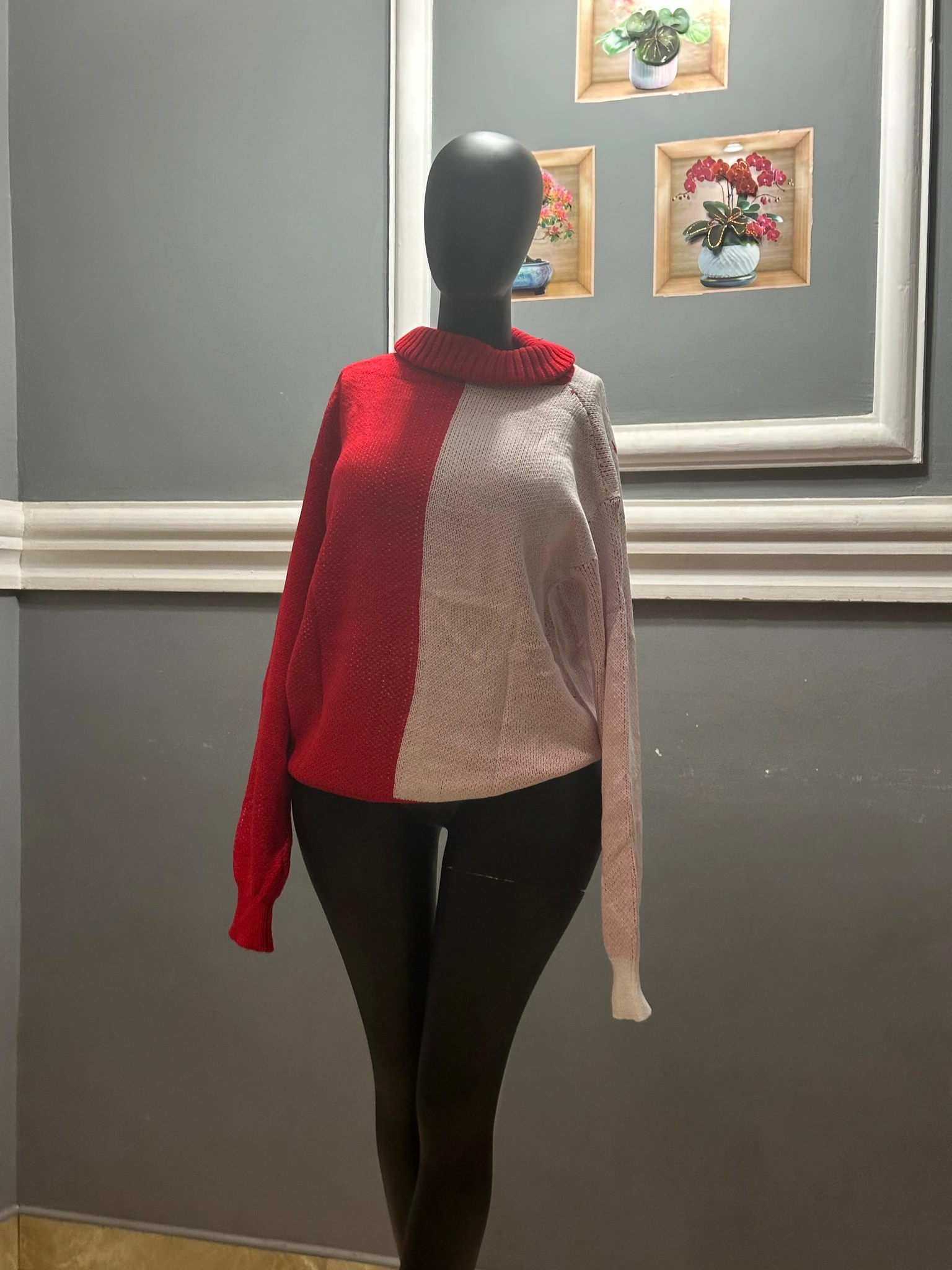 Red and Grey Colour-Block Knit Top