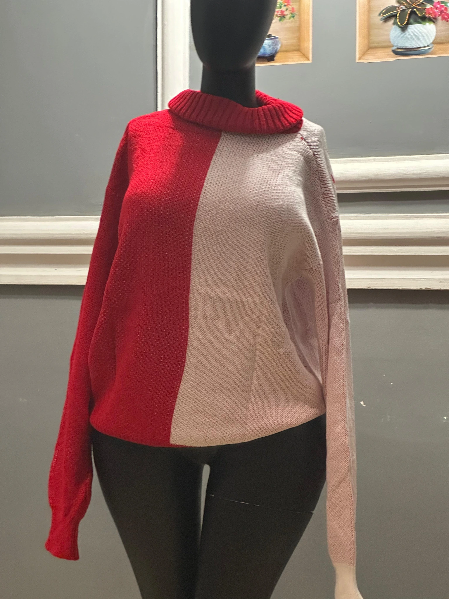 Red and Grey Colour-Block Knit Top view 2