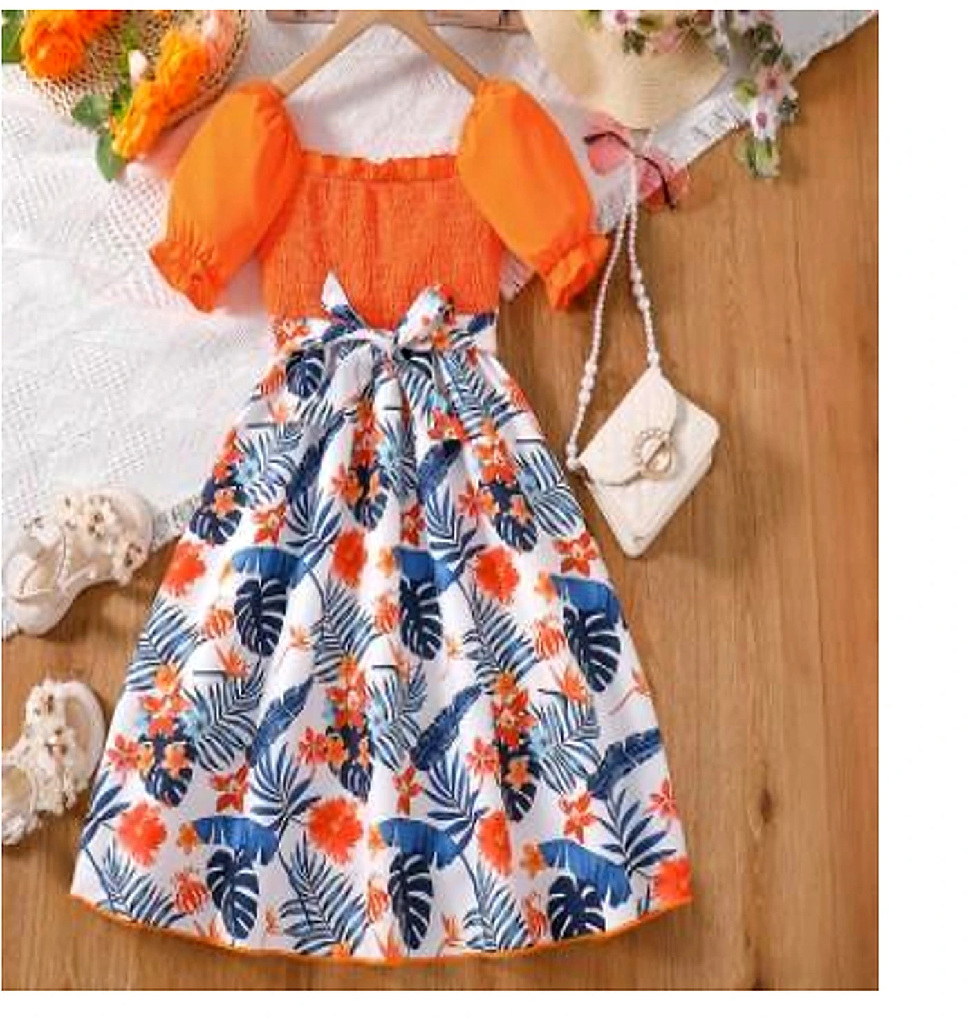 Orange Floral Shoulder-Tie Children Dress