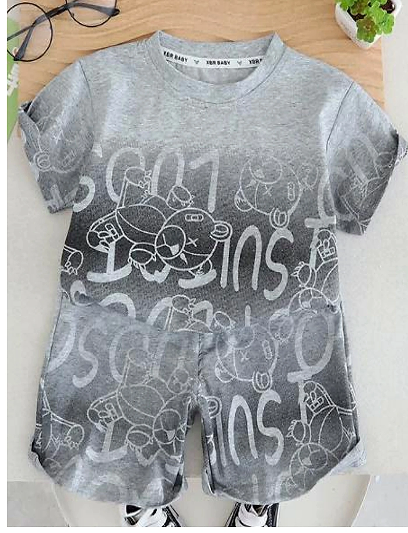 Grey Graphic T-Shirt and Shorts Children Set