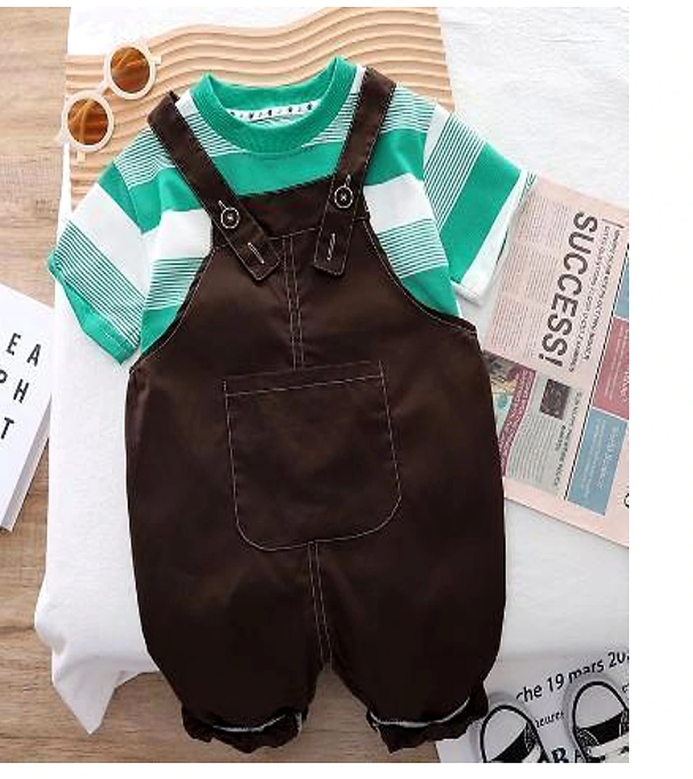 Green Stripe Tee and Brown Dungaree Set