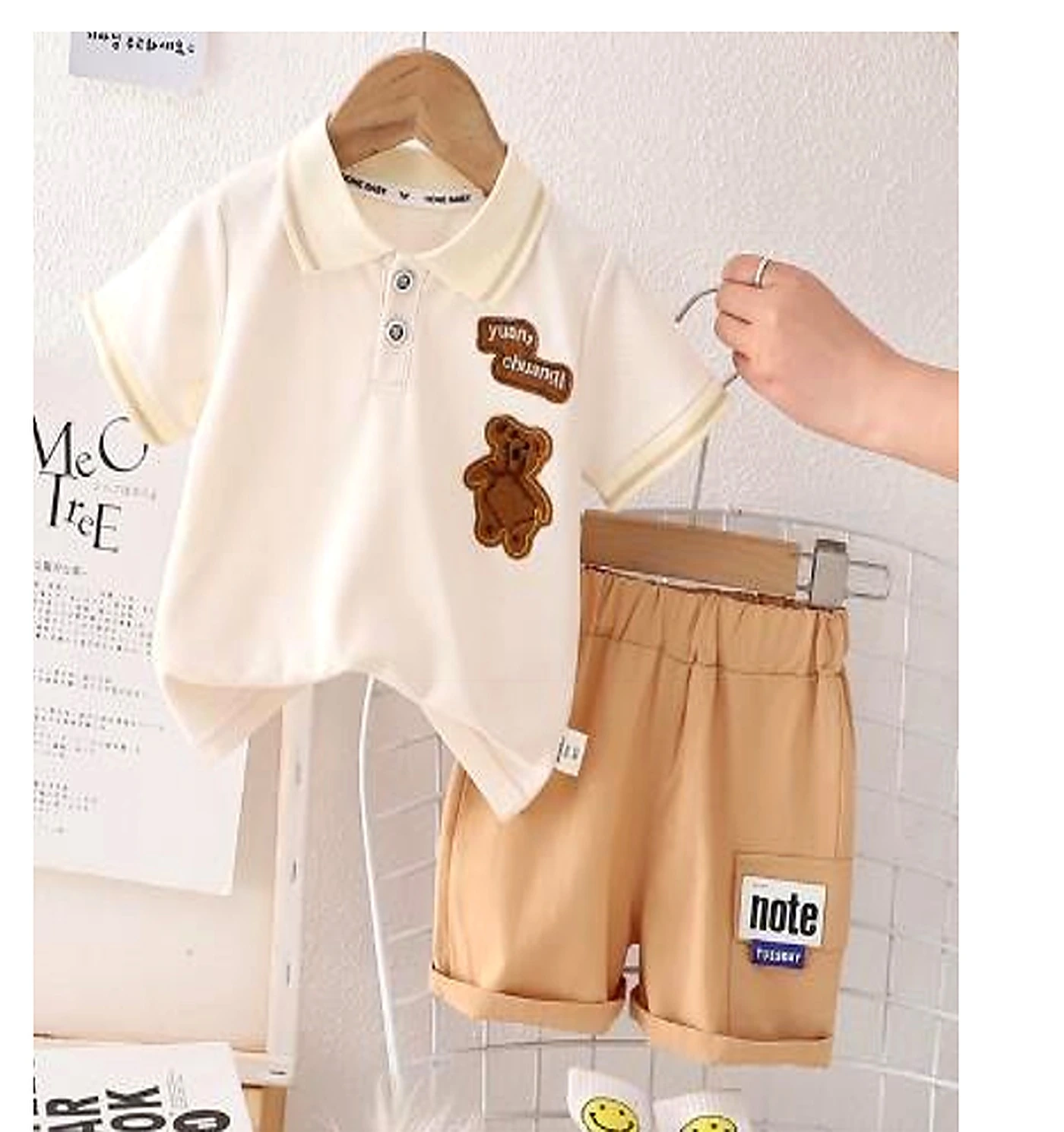 Cream Polo and Tan Shorts Bear Set
