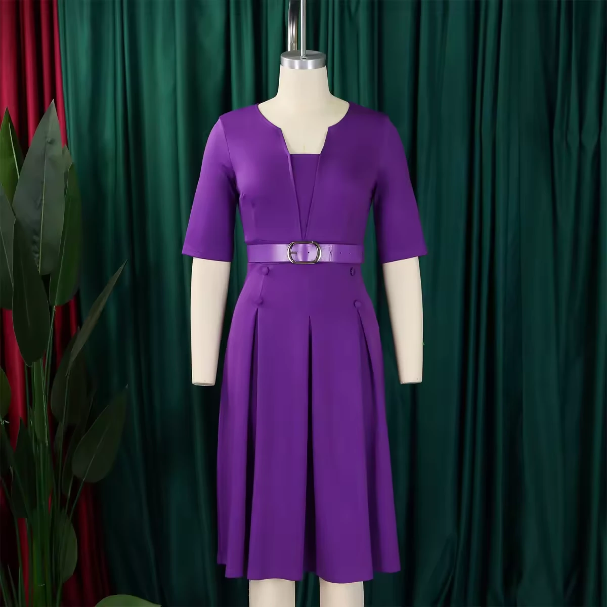 Purple Belted Short Sleeve Dress view 8