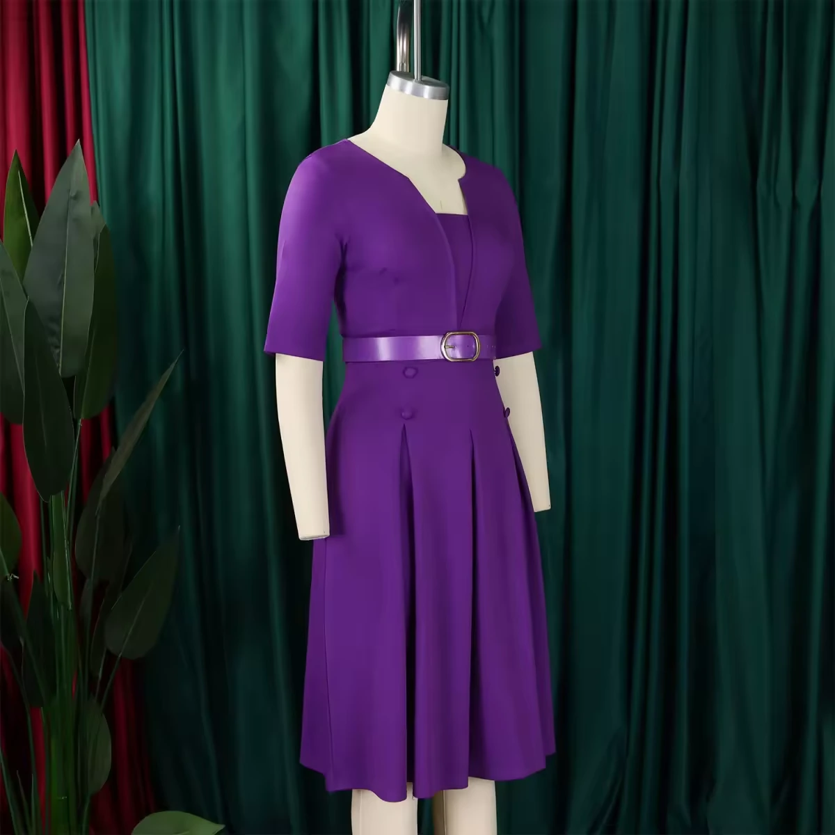 Purple Belted Short Sleeve Dress view 10