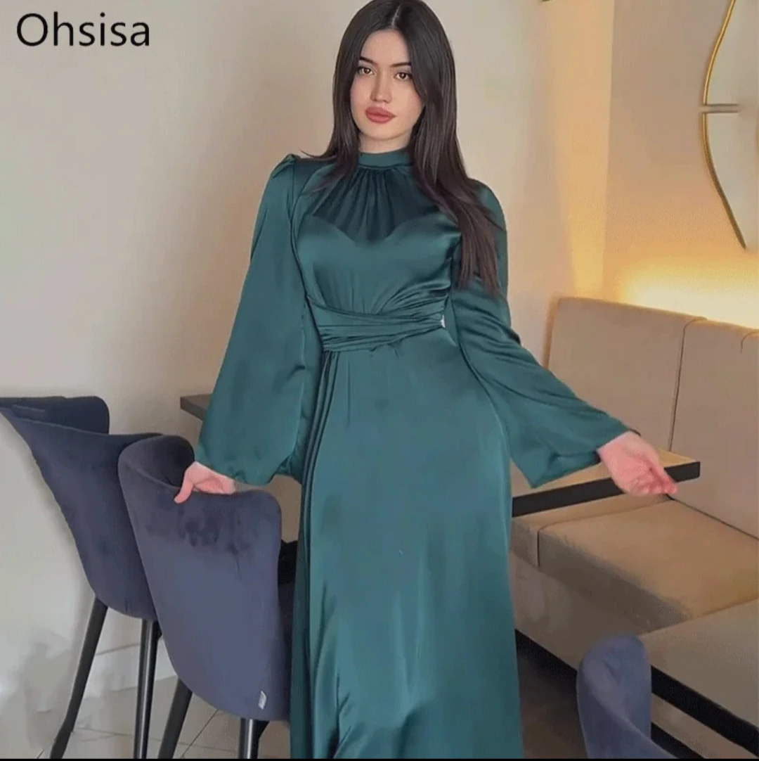 Teal High-Neck Belted Midi Dress