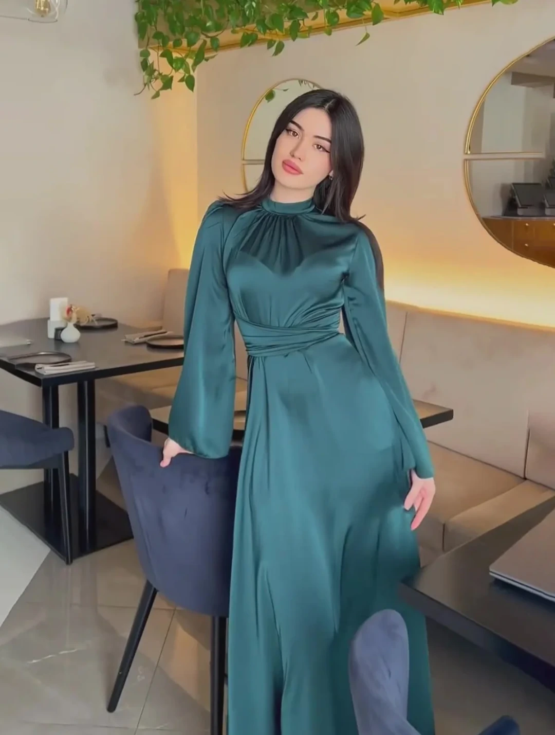 Teal High-Neck Belted Midi Dress view 3