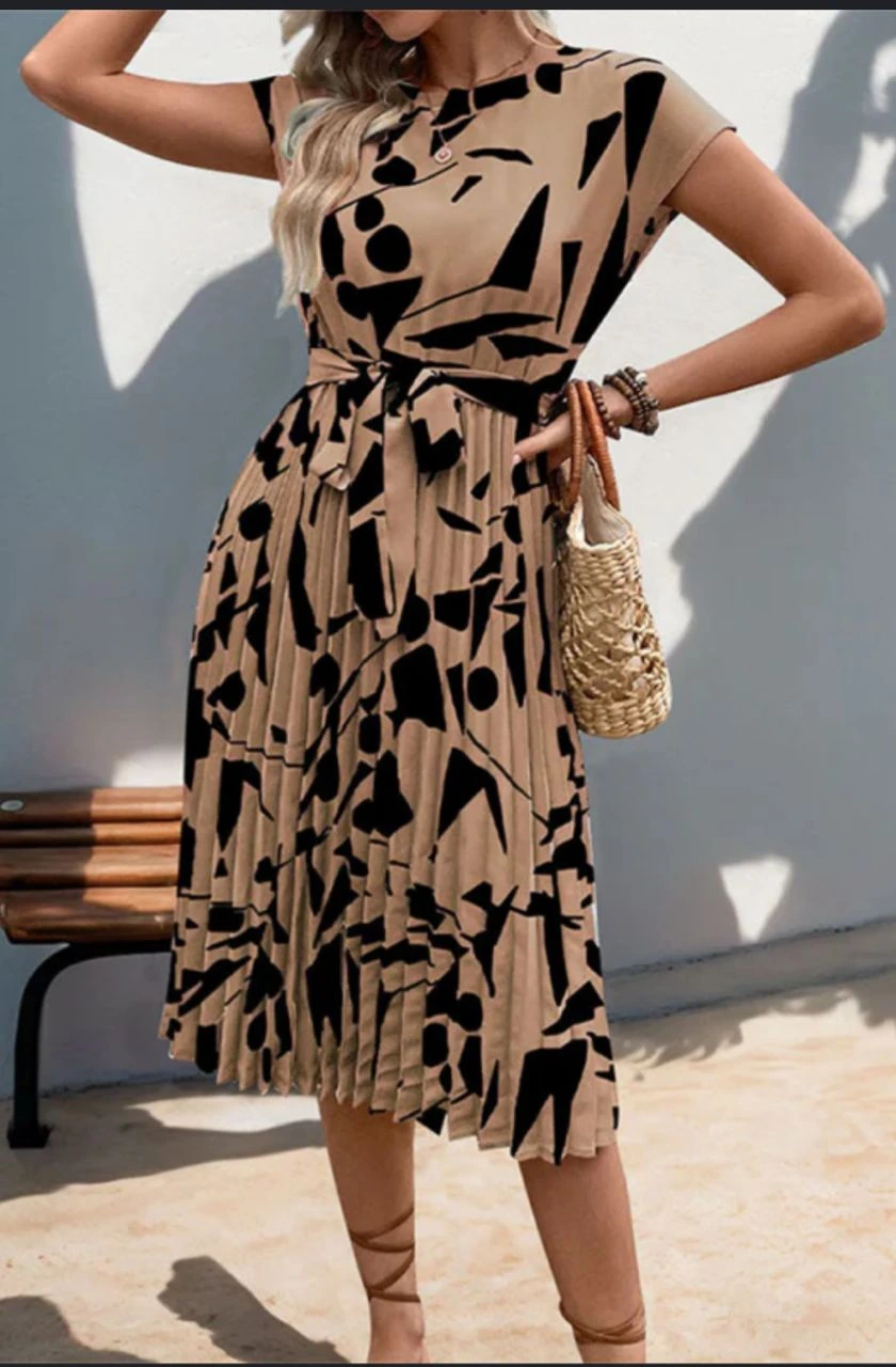 Tan Black-Print Belted Dress