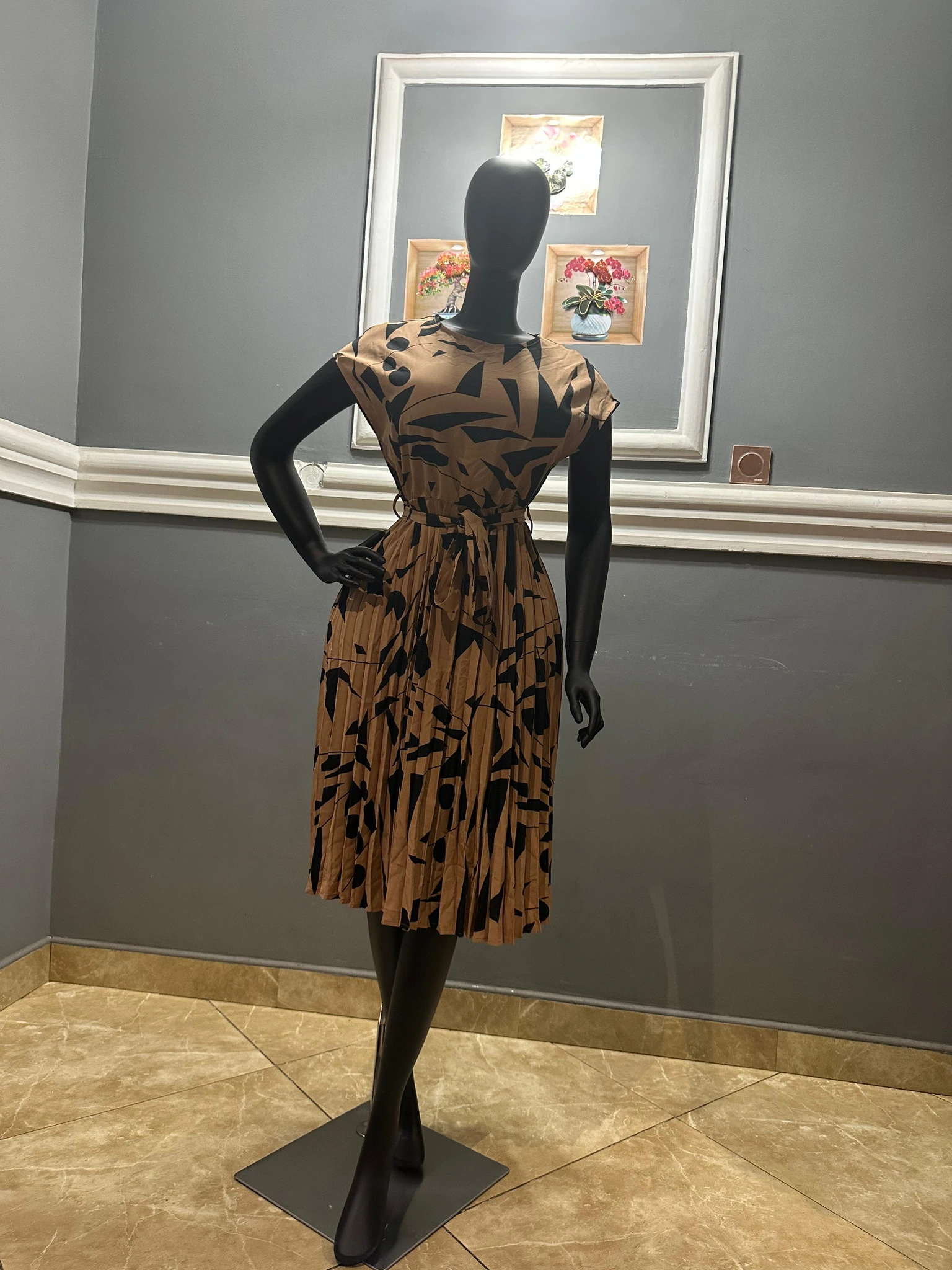 Tan Black-Print Belted Dress view 7