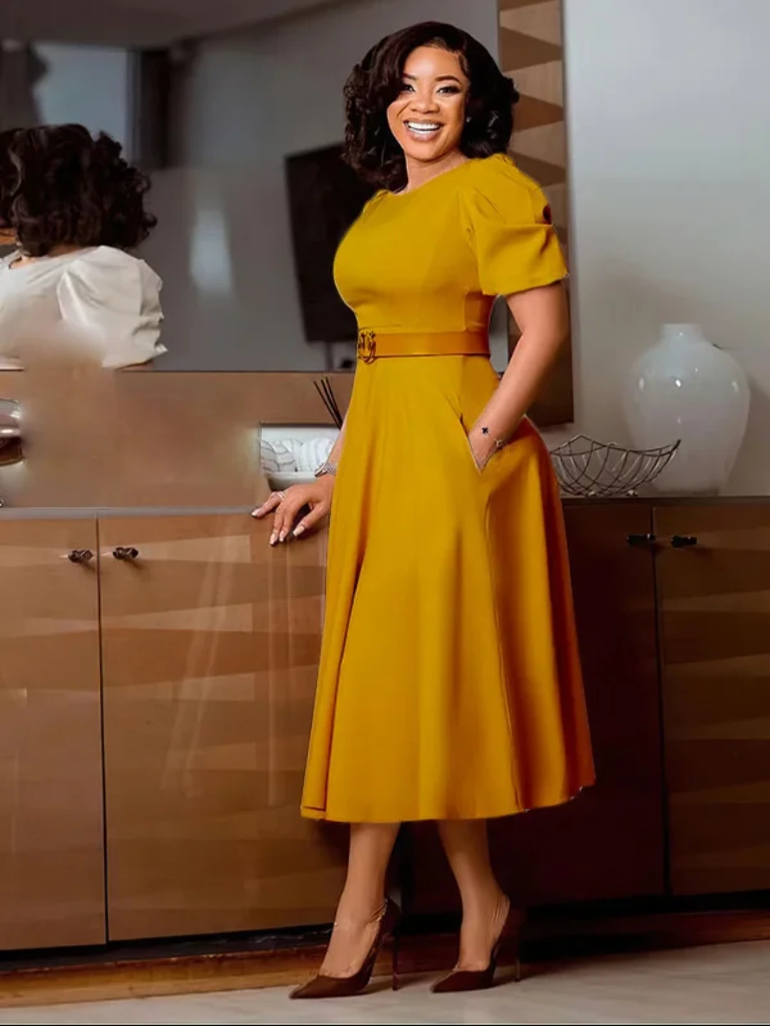 Tan Black-Print Belted Dress view 22