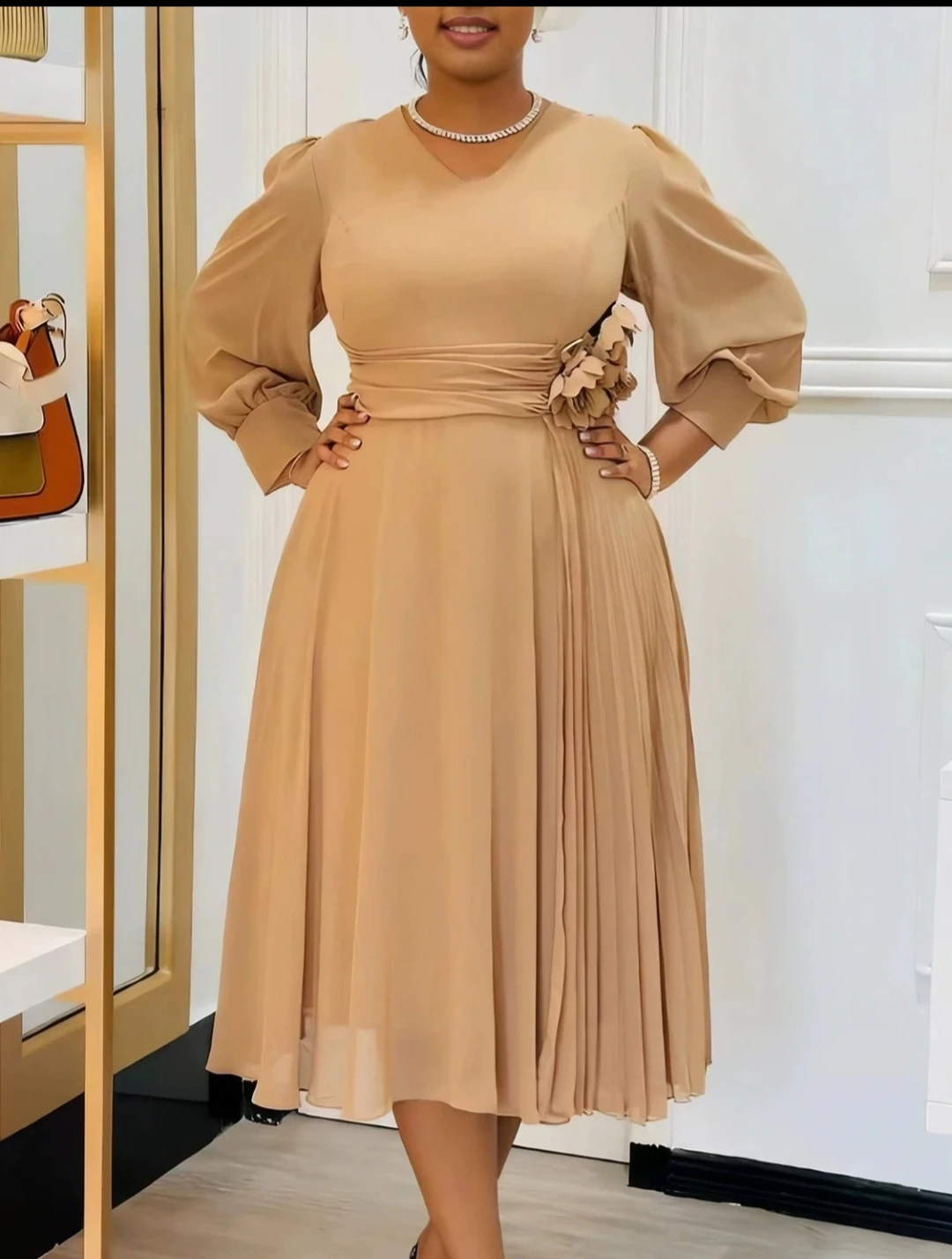 Champagne Puff Sleeve Pleated Dress