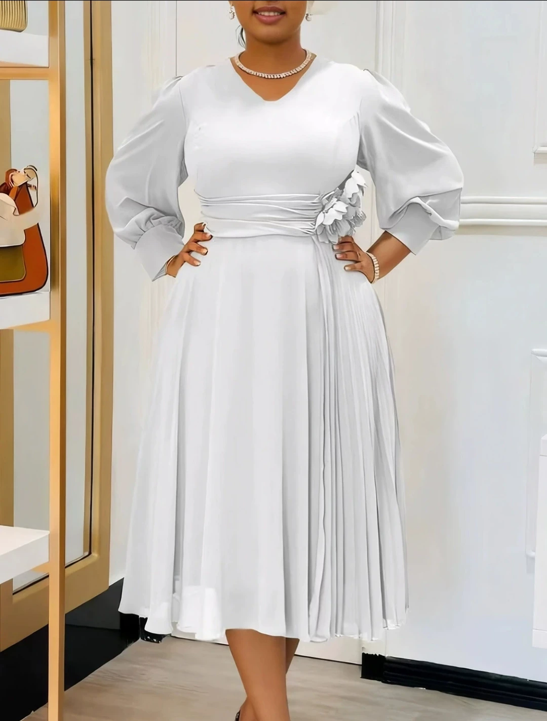 Champagne Puff Sleeve Pleated Dress view 2