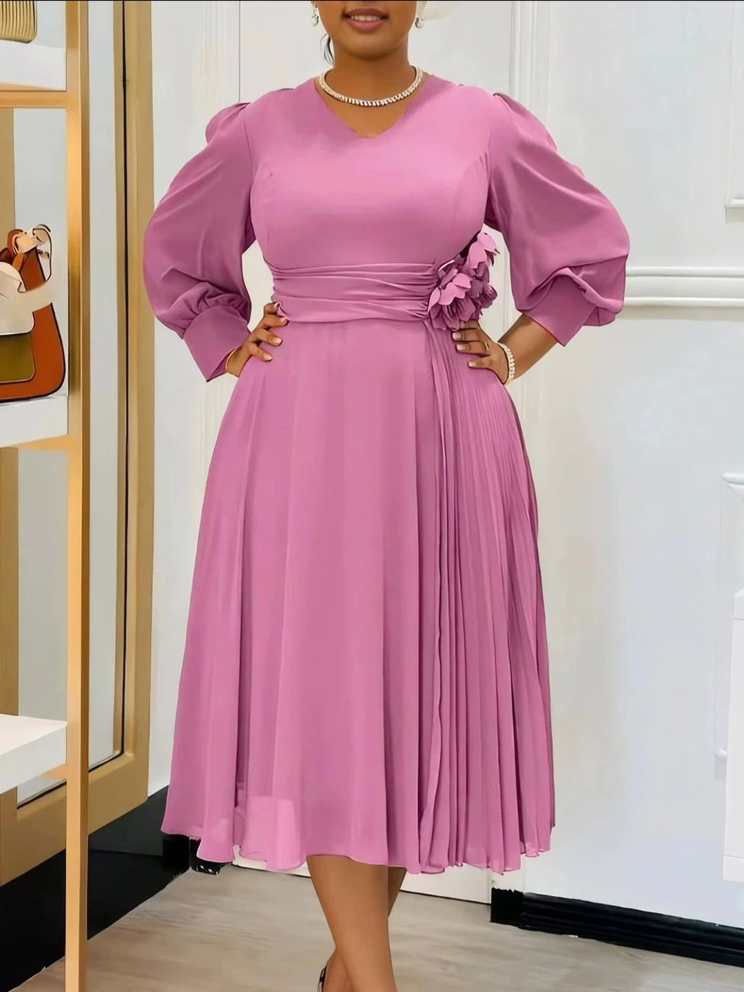 Champagne Puff Sleeve Pleated Dress view 3