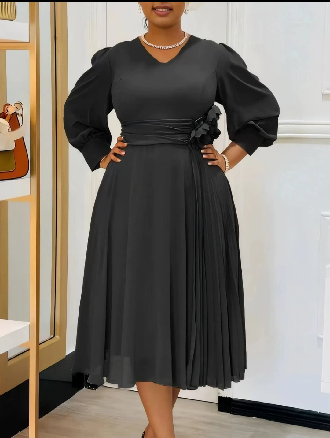 Champagne Puff Sleeve Pleated Dress view 4
