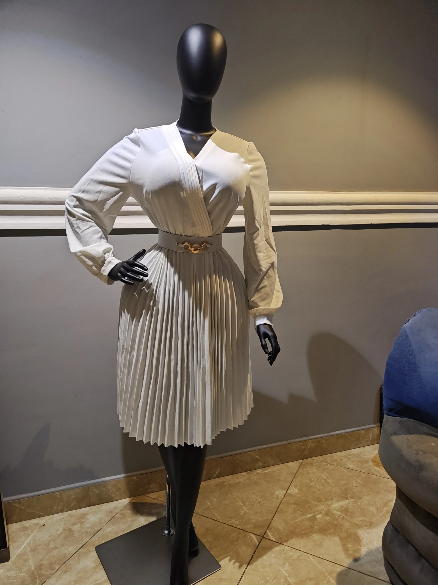 Cream Shirt Dress with Pleated Skirt