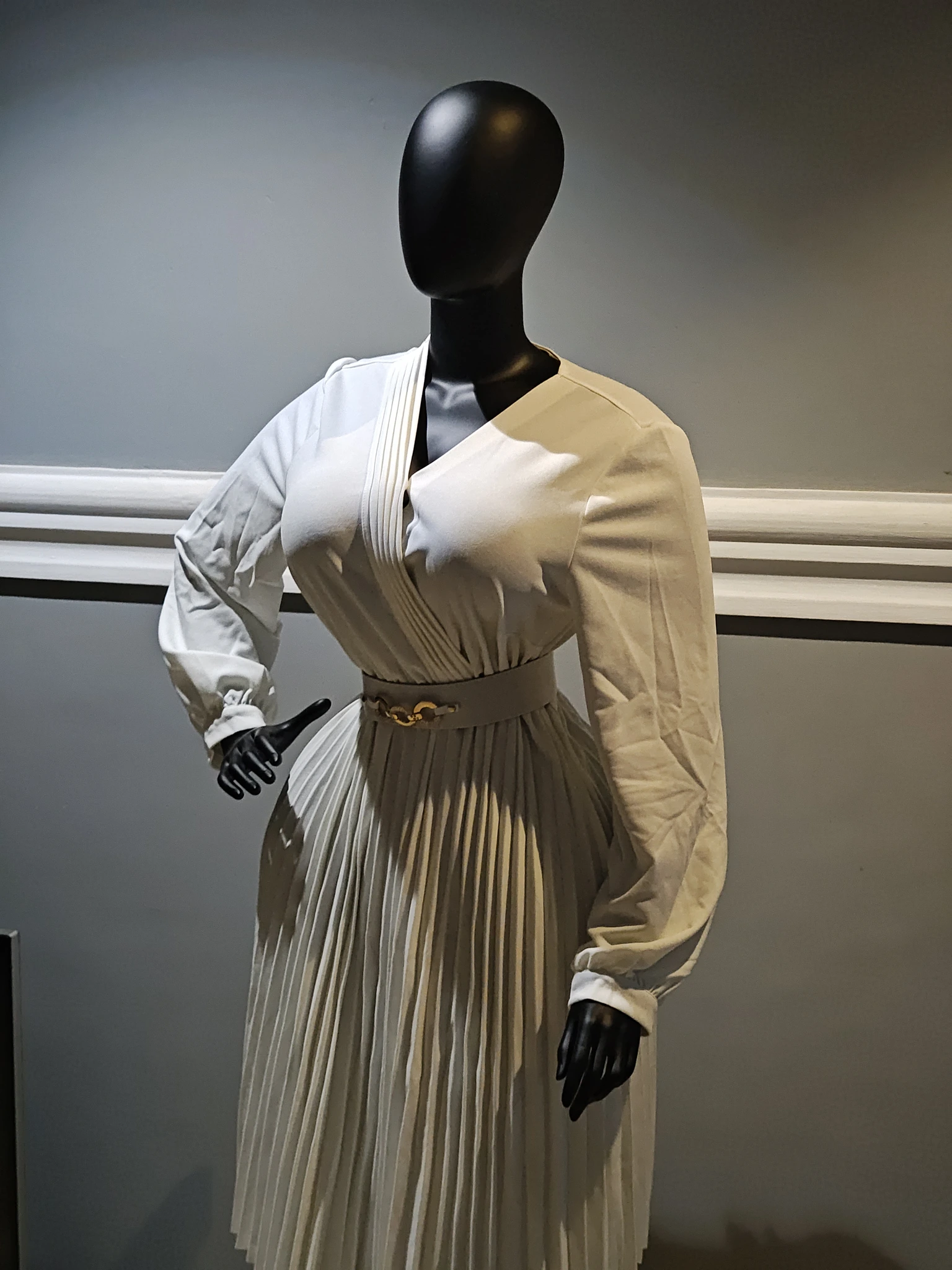 Cream Shirt Dress with Pleated Skirt view 3
