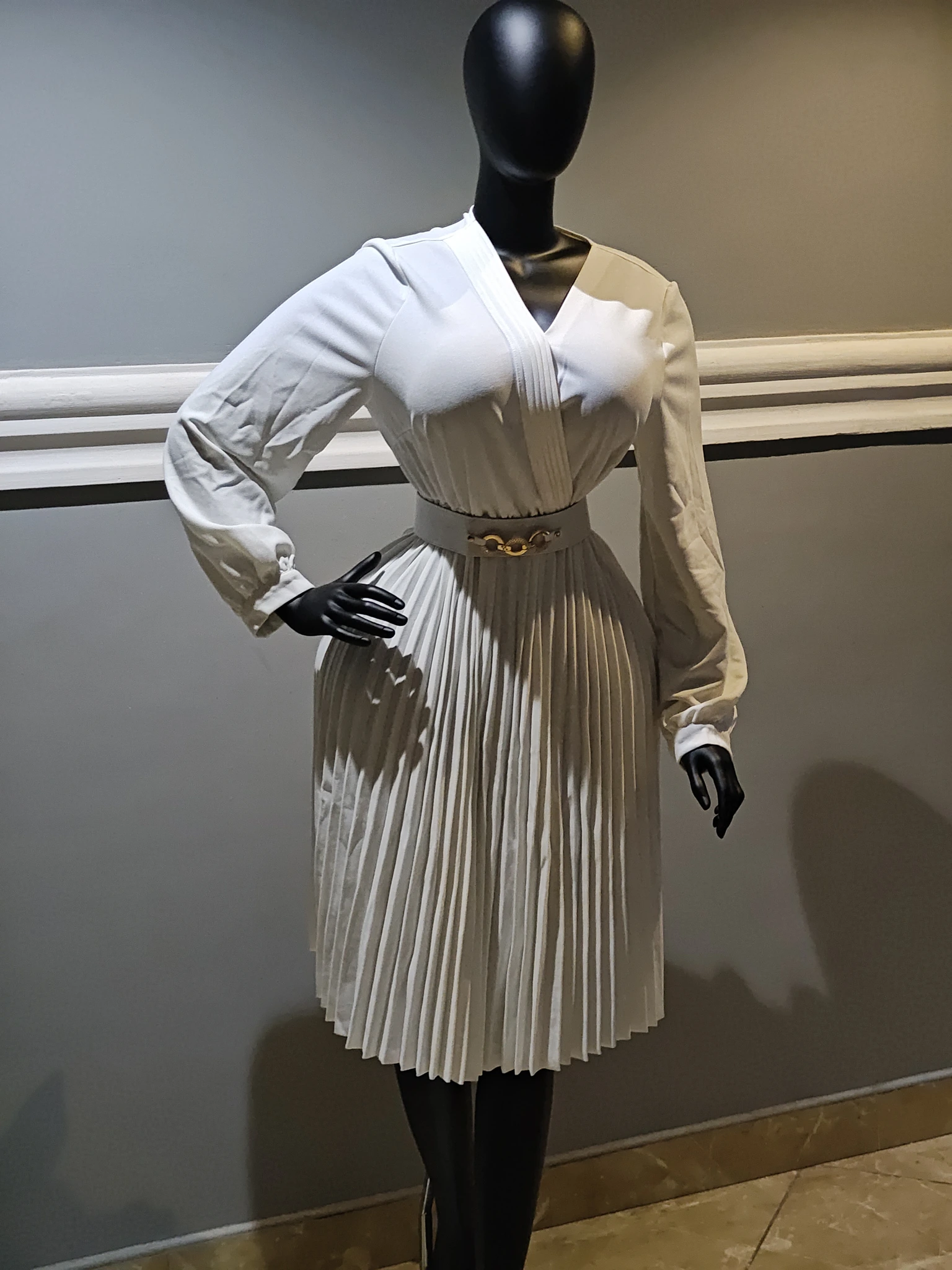 Cream Shirt Dress with Pleated Skirt view 5
