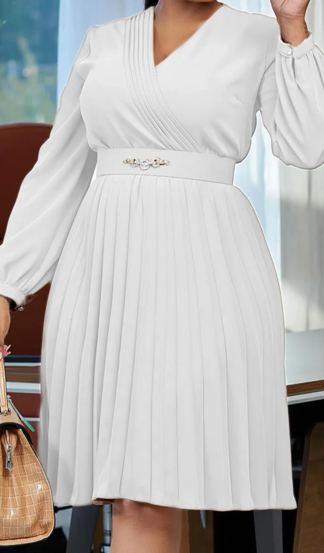 Cream Shirt Dress with Pleated Skirt view 12