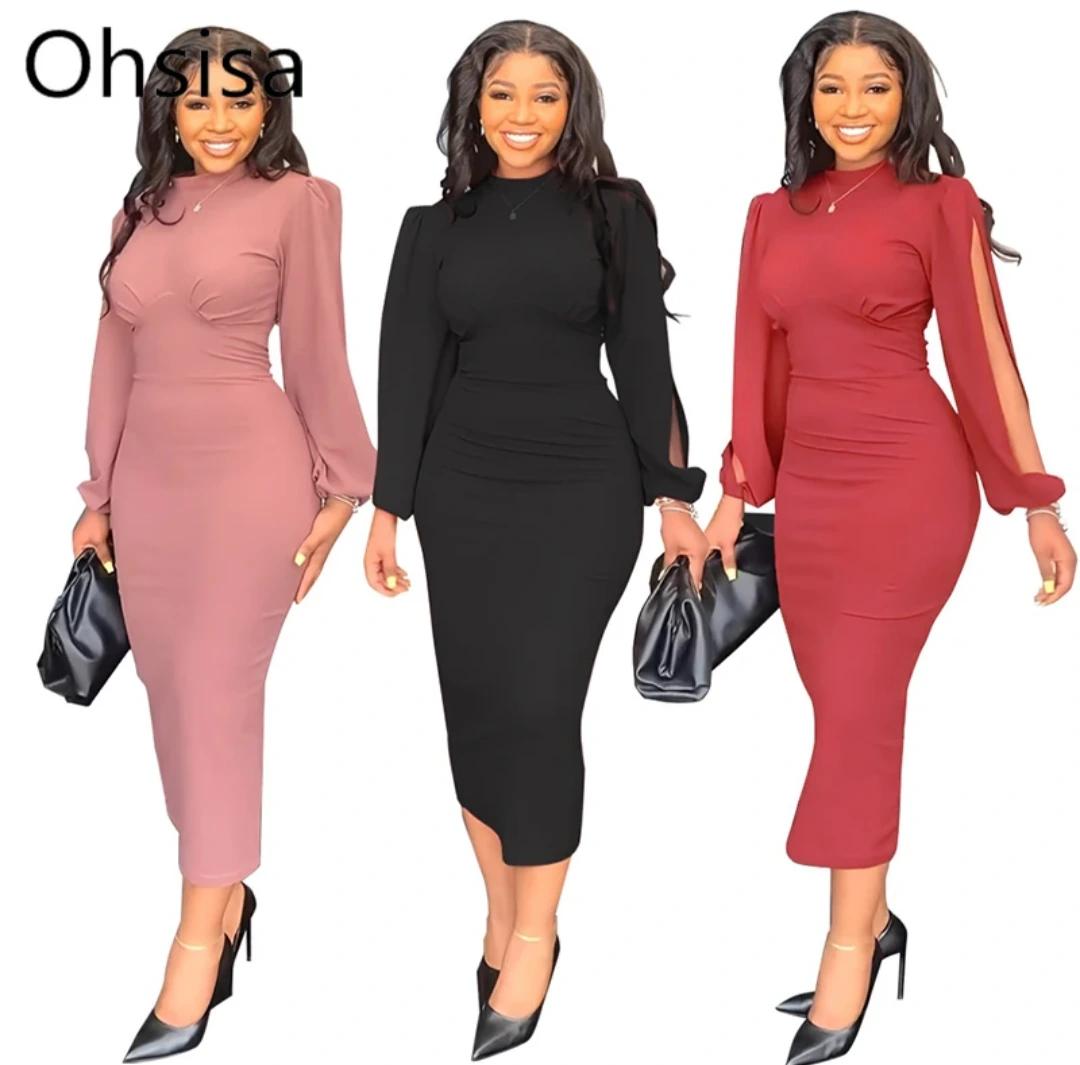 Three-Colour Fitted Long Sleeve Midi Dress
