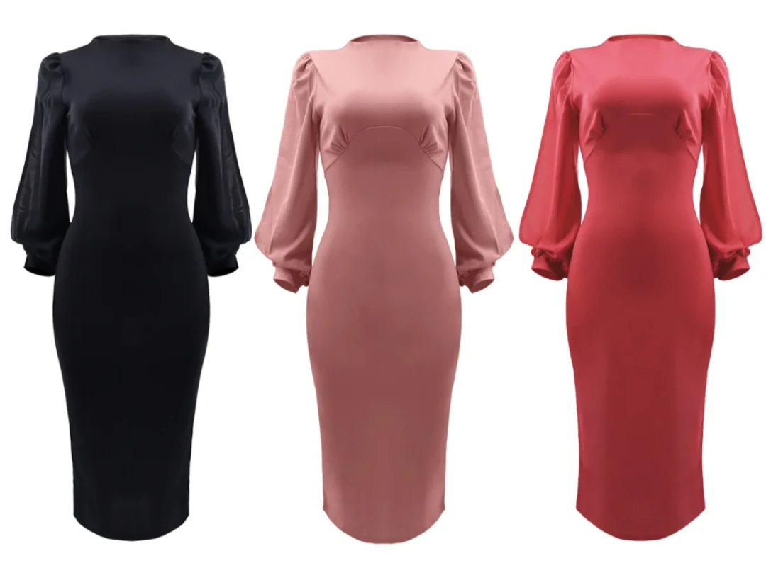 Three-Colour Fitted Long Sleeve Midi Dress view 3