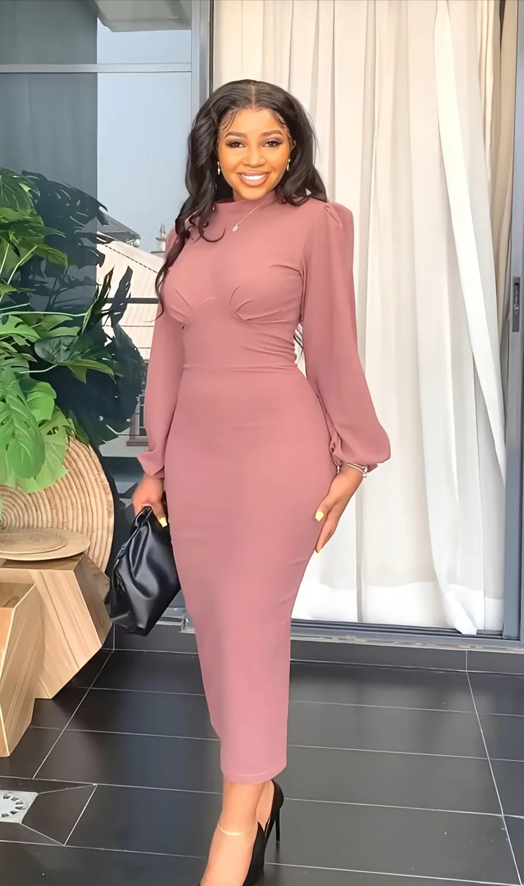Three-Colour Fitted Long Sleeve Midi Dress view 4