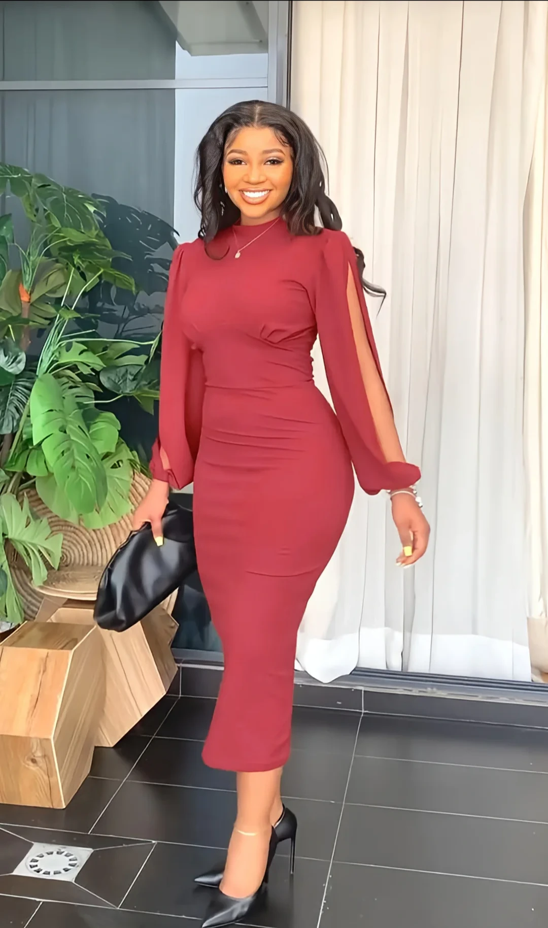 Three-Colour Fitted Long Sleeve Midi Dress view 5