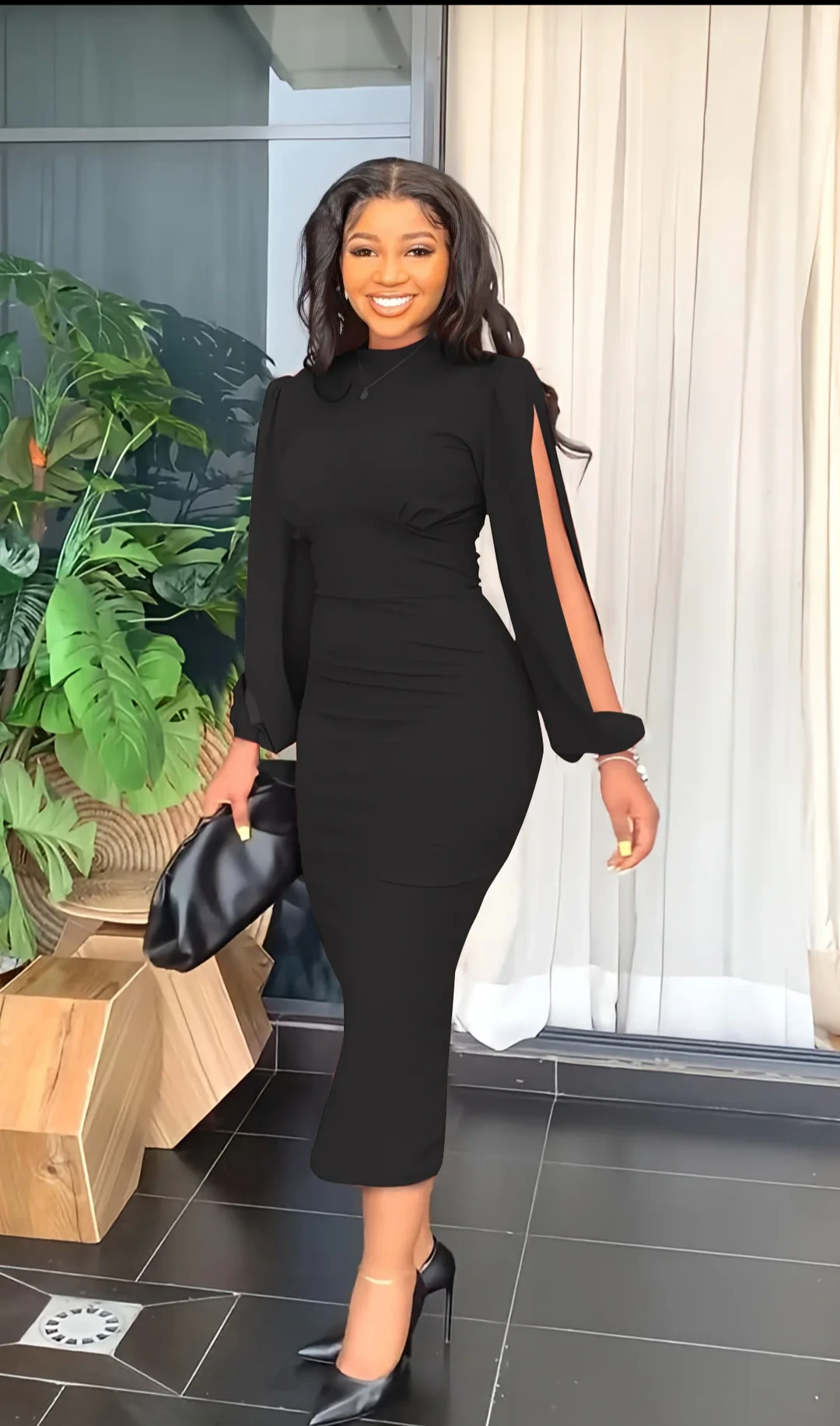 Three-Colour Fitted Long Sleeve Midi Dress view 6