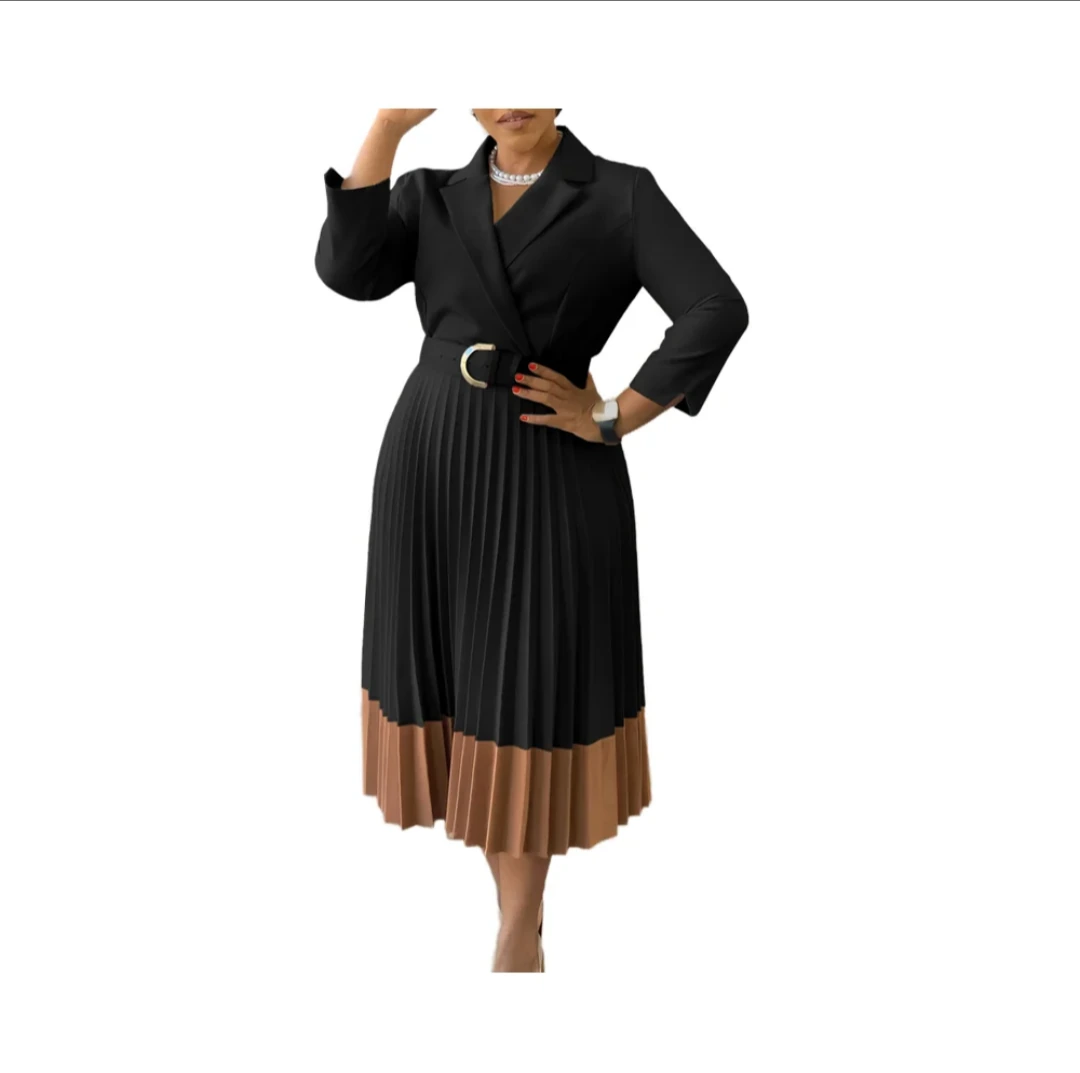 Black Blazer-Style Pleated Midi Dress