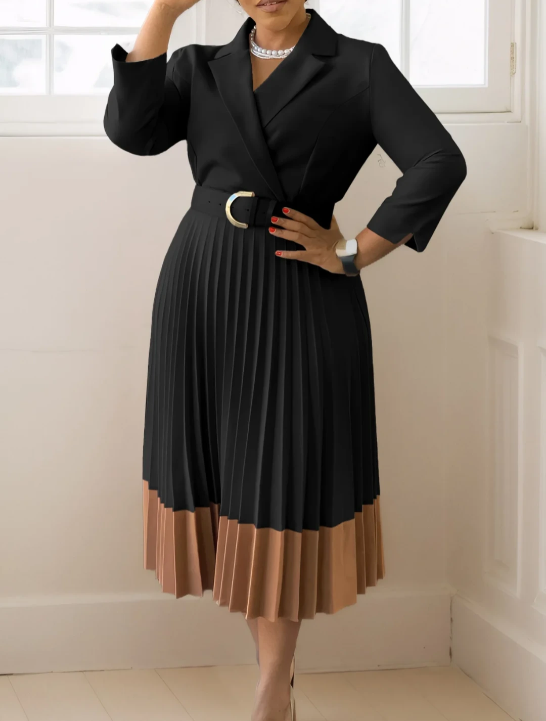 Black Blazer-Style Pleated Midi Dress view 9