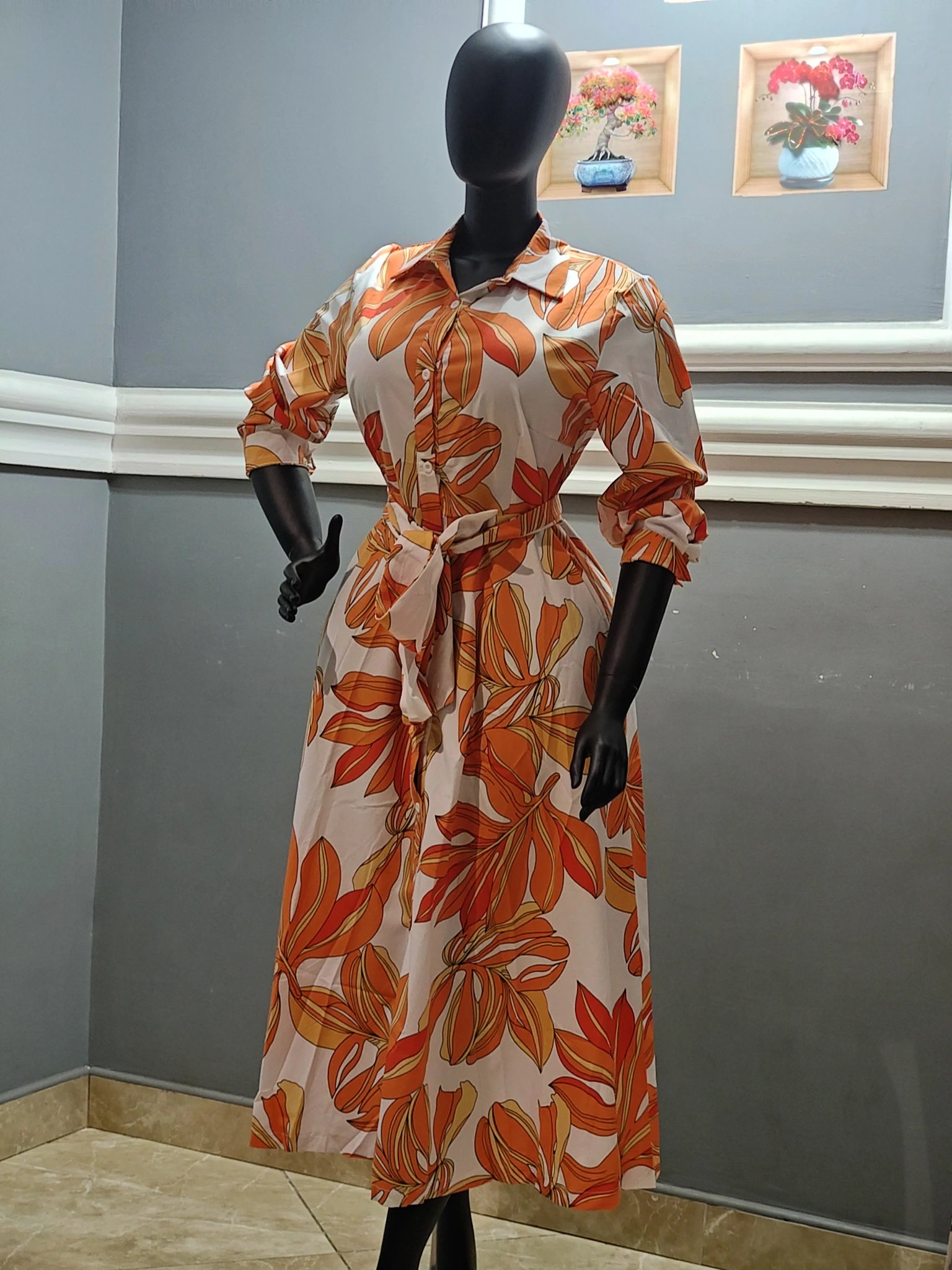 Orange Floral Belted Shirt Dress