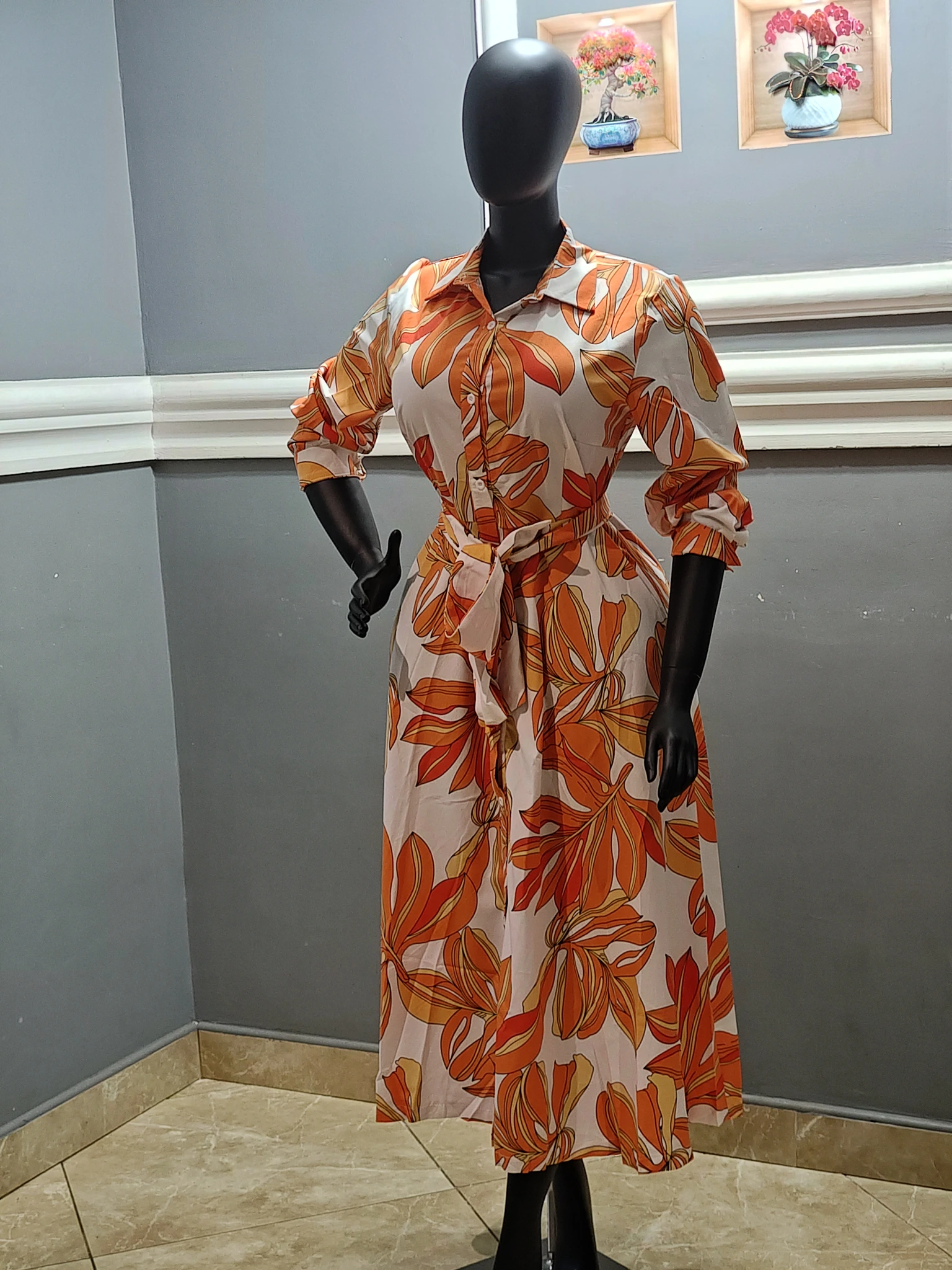 Orange Floral Belted Shirt Dress view 2