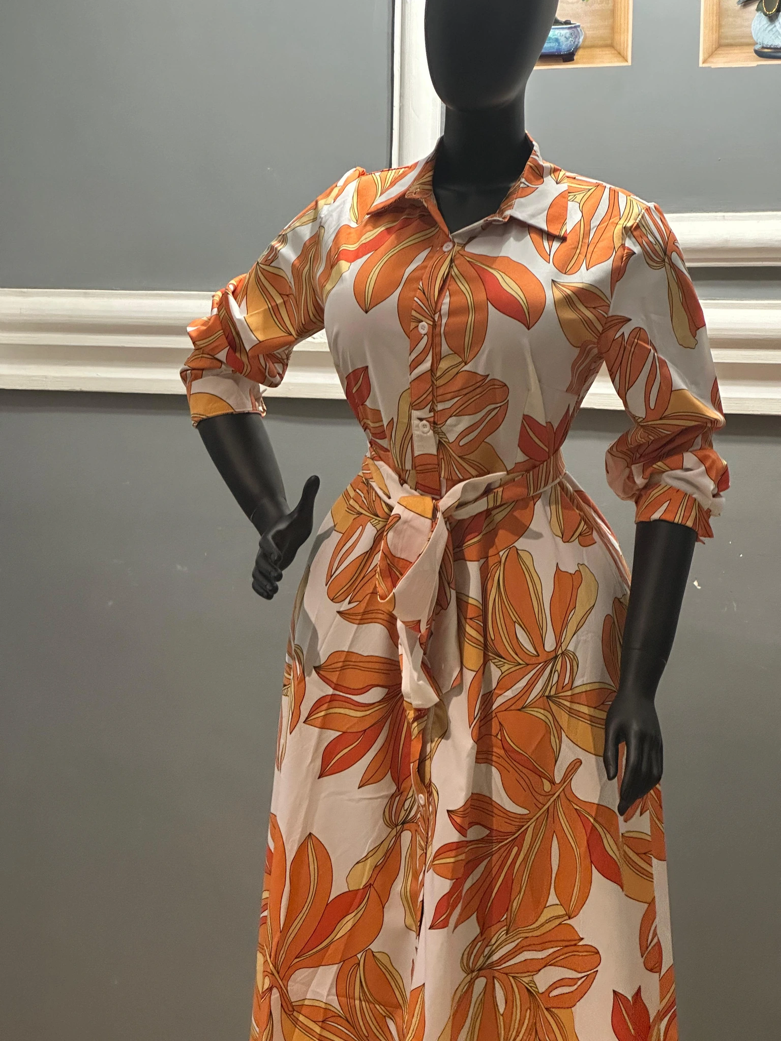 Orange Floral Belted Shirt Dress view 3