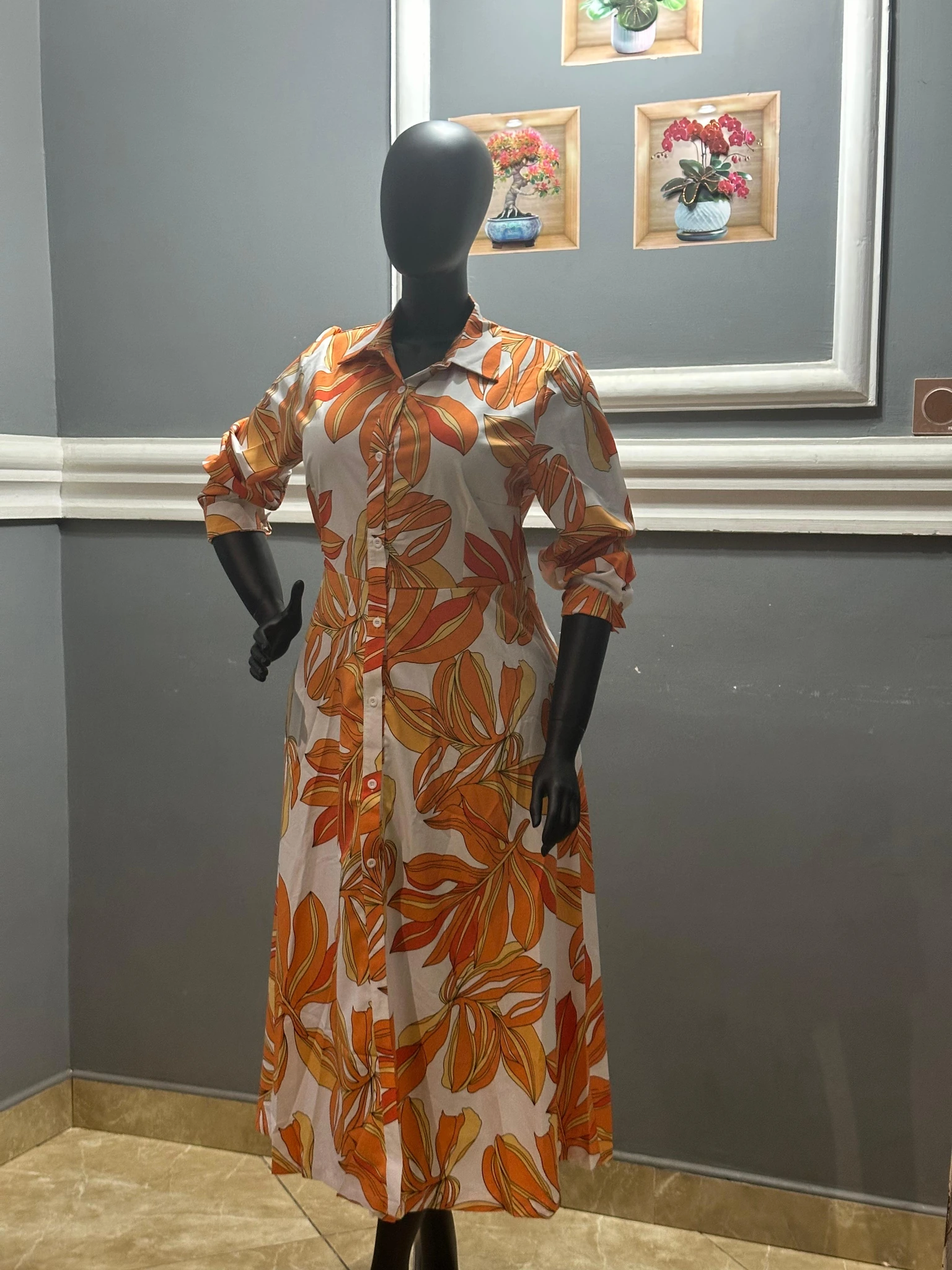 Orange Floral Belted Shirt Dress view 4