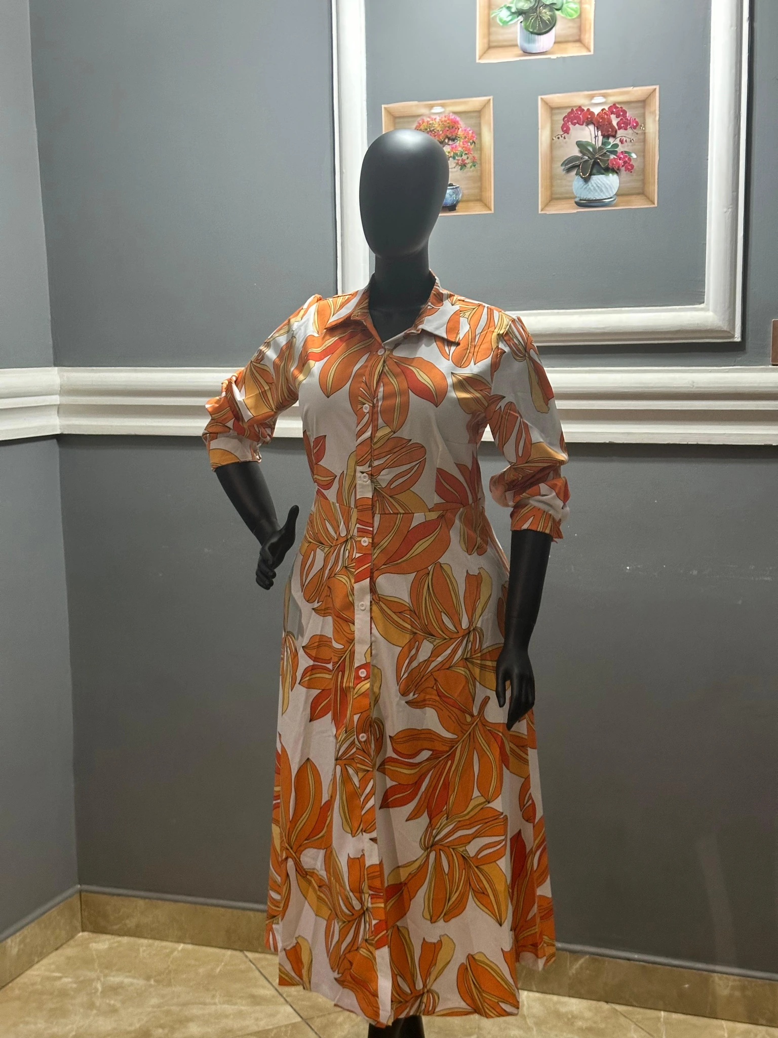 Orange Floral Belted Shirt Dress view 5