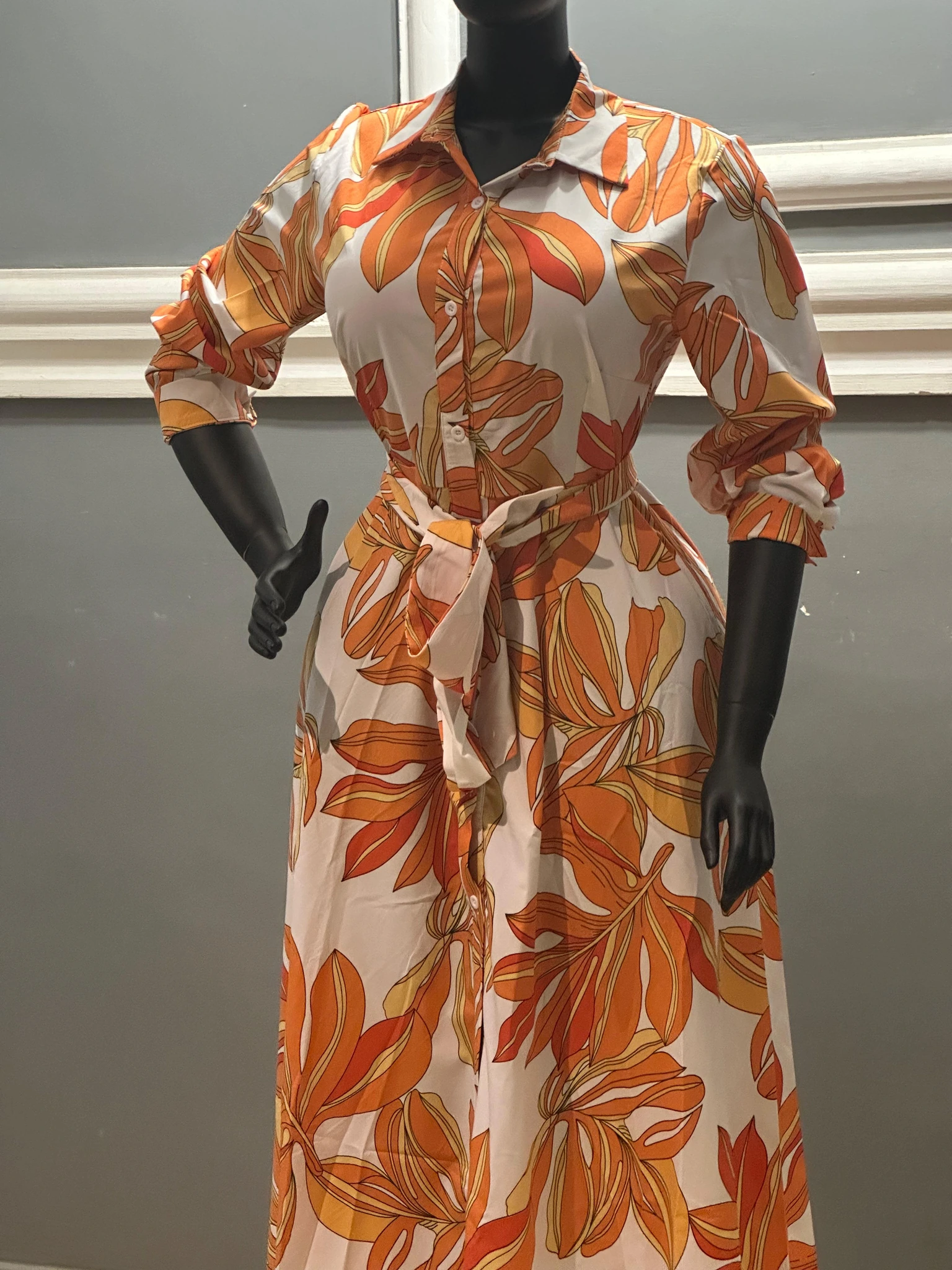 Orange Floral Belted Shirt Dress view 6