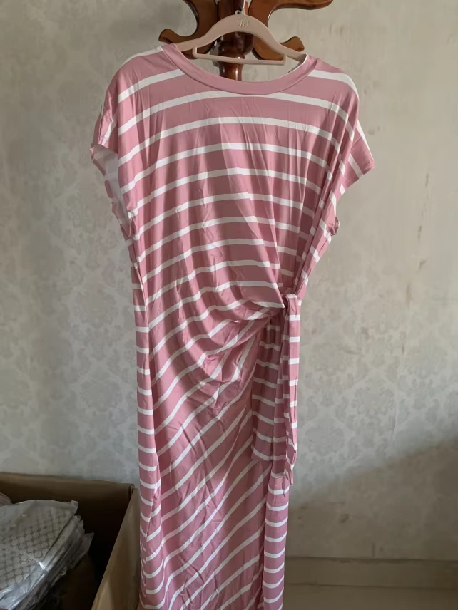 Pink Stripe Knot-Front Casual Dress
